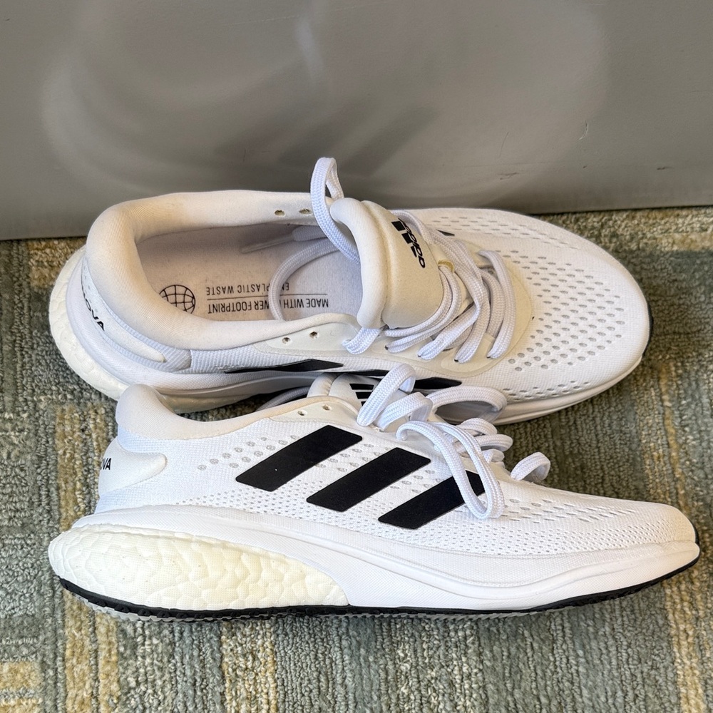 Adidas White Running Shoes with Black Stripes